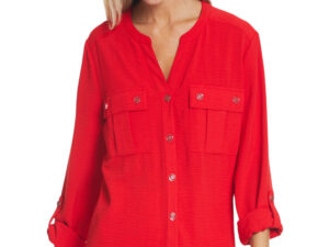 MULTIPLES RED CRINKLE TAB SLEEVE BLOUSE