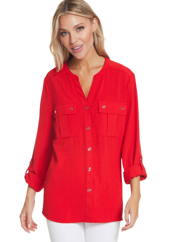 MULTIPLES RED CRINKLE TAB SLEEVE BLOUSE