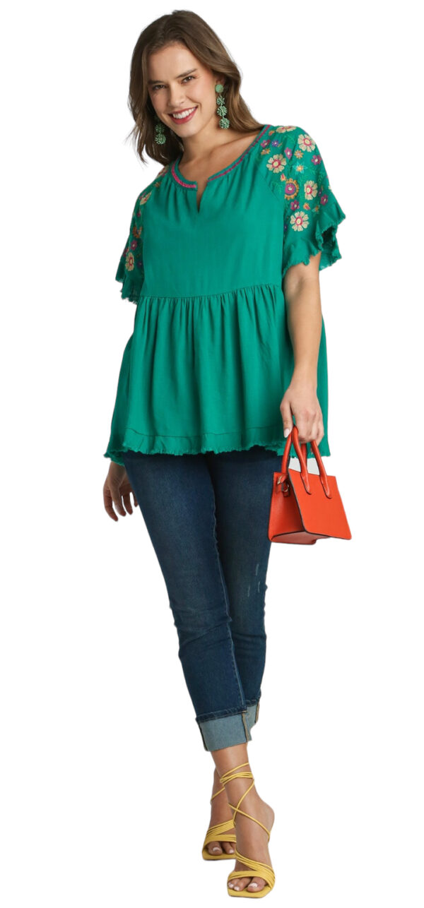 UMGEE LINEN BLEND EMBROIDERED SLEEVE BABYDOLL TOP*NOW 75%OFF* - Image 2