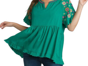 UMGEE LINEN BLEND EMBROIDERED SLEEVE BABYDOLL TOP*NOW 75%OFF*