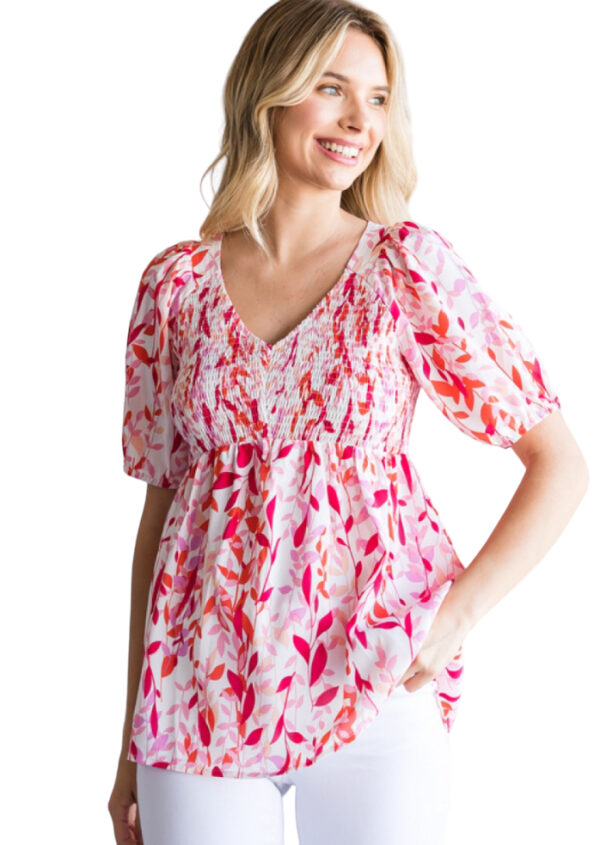JODIFL SMOCKED BODICE PRINT BABYDOLL TOP - Image 2