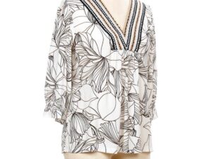 SEVEN FORTY TWO EMBROIDERED V-NECK PRINT BLOUSE