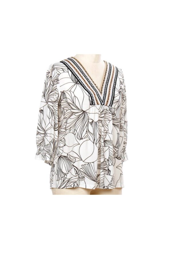 SEVEN FORTY TWO EMBROIDERED V-NECK PRINT BLOUSE