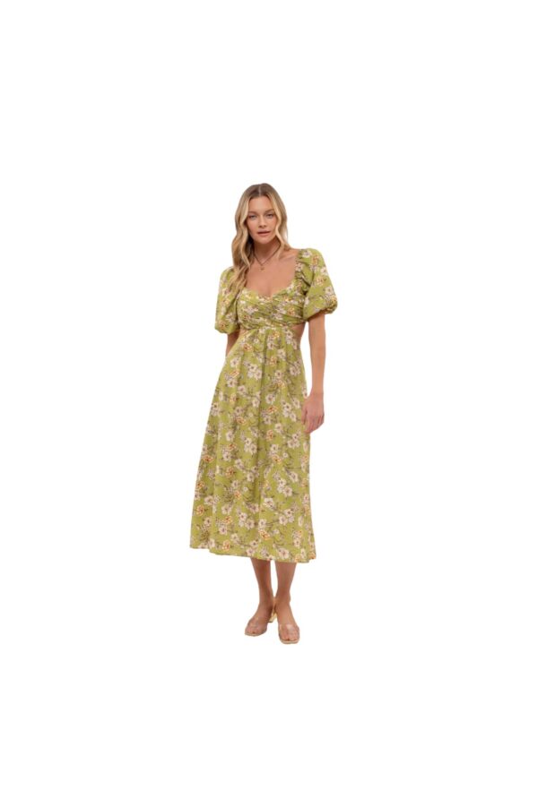 BLUPEPPER FLORAL PUFF SLEEVE WAIST CUTOUT MIDI - Image 3
