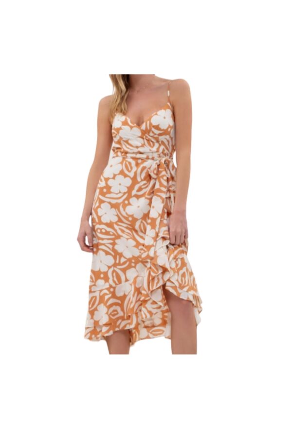 BLUPEPPER FLORAL WRAP BELTED MIDI DRESS