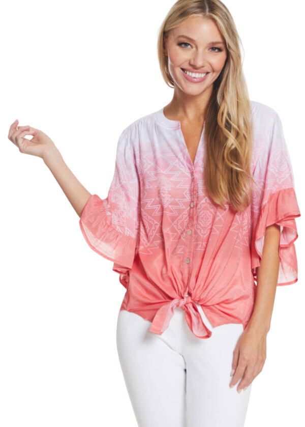 MULTIPLES FLOUNCE SLEEVE WOVEN PRINT BLOUSE