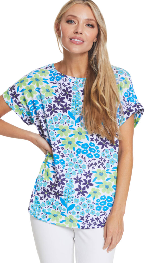 MULTIPLES OCEAN FLORAL SLUB KNIT TOP