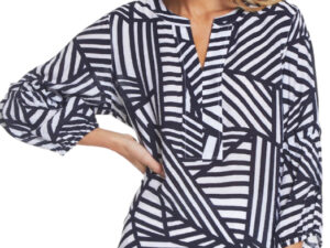 MULTIPLES Y-NECK STRIPE BELL SLEEVE TOP