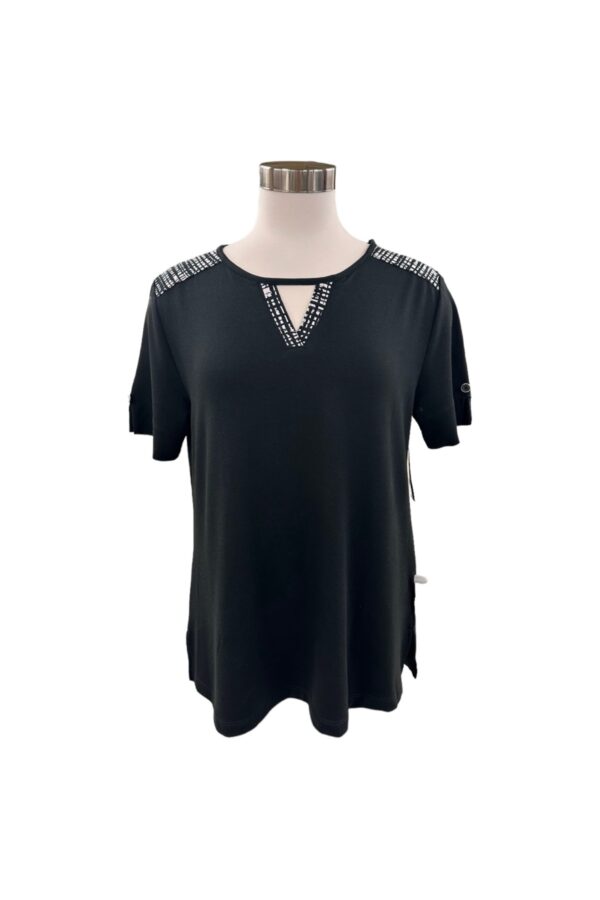SOUTHERN LADY PLAID TRIM SHORT SLEEVE KNIT TOP