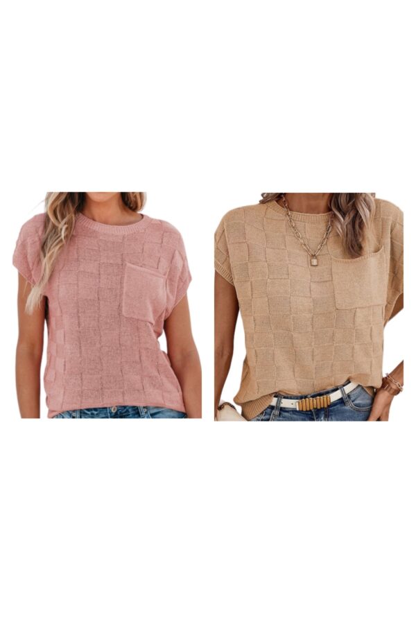LATTICE TEXTURED SHORT SLEEVE SWEATER