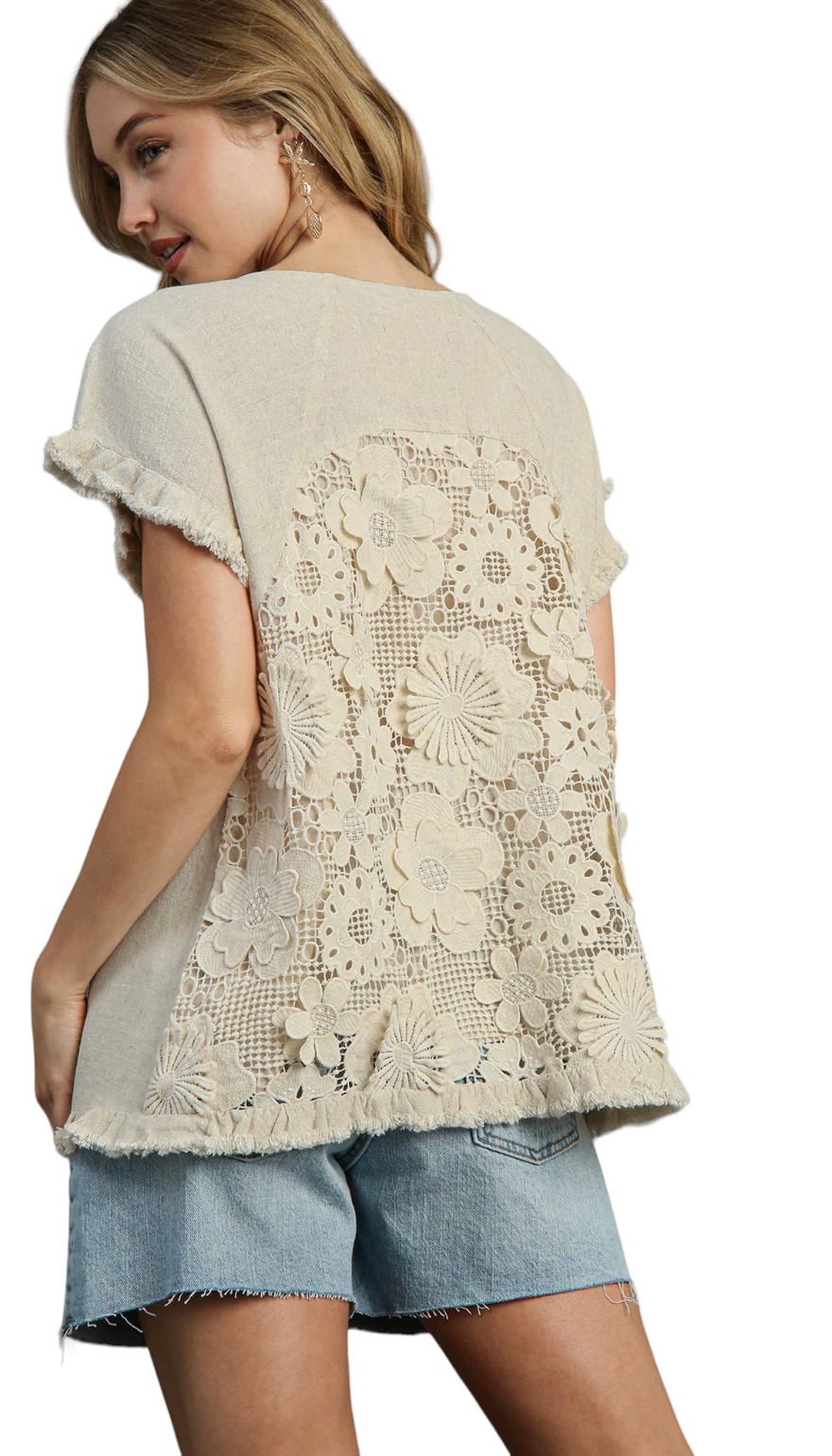 UMGEE LINEN BLEND FLORAL CROCHET BACK TOP - 6th Street Fashions and ...