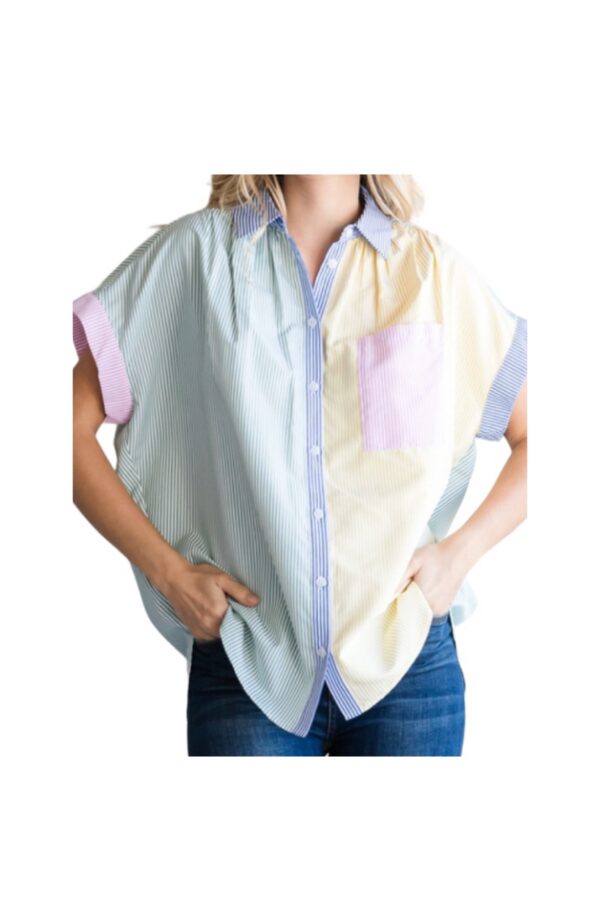 JODIFL SHORT SLEEVE MIX STRIPE BUTTON FRONT TOP