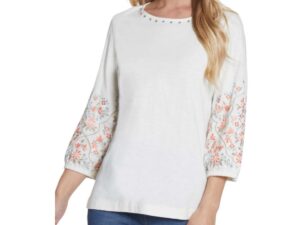 MULTIPLES IVORY 3/4 EMBROIDERED SLEEVE SLUB KNIT TOP