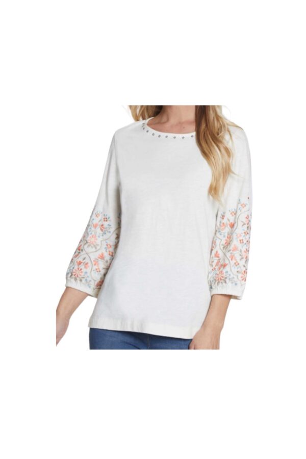 MULTIPLES IVORY 3/4 EMBROIDERED SLEEVE SLUB KNIT TOP