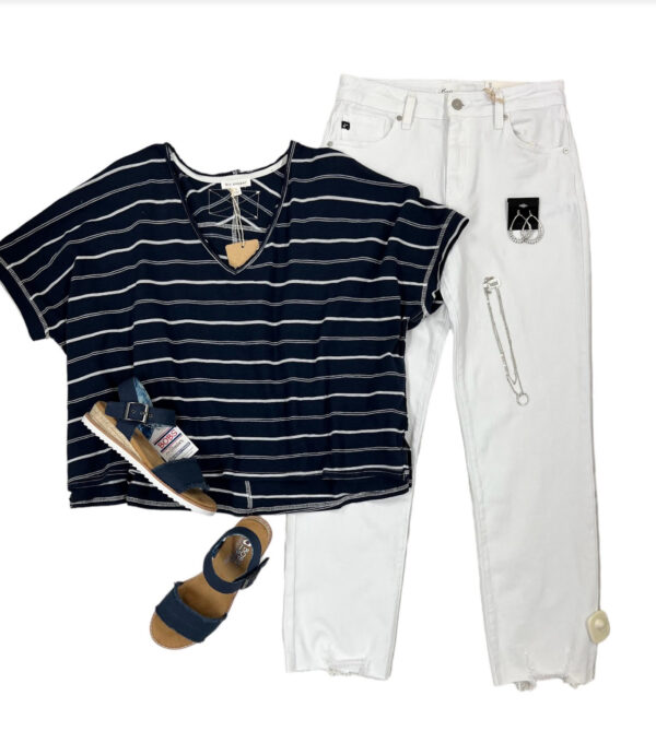 BLUPEPPER STRIPED V-NECK DROP SHOULDER TOP - Image 6