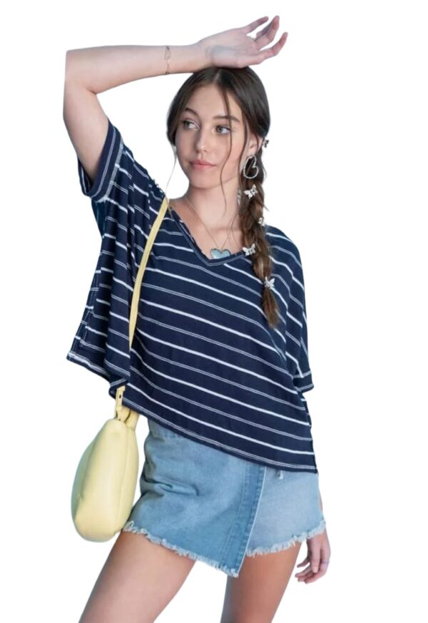 BLUPEPPER STRIPED V-NECK DROP SHOULDER TOP - Image 4