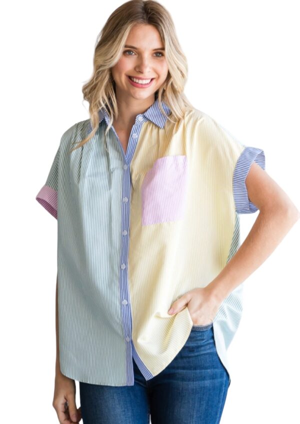 JODIFL SHORT SLEEVE MIX STRIPE BUTTON FRONT TOP - Image 3