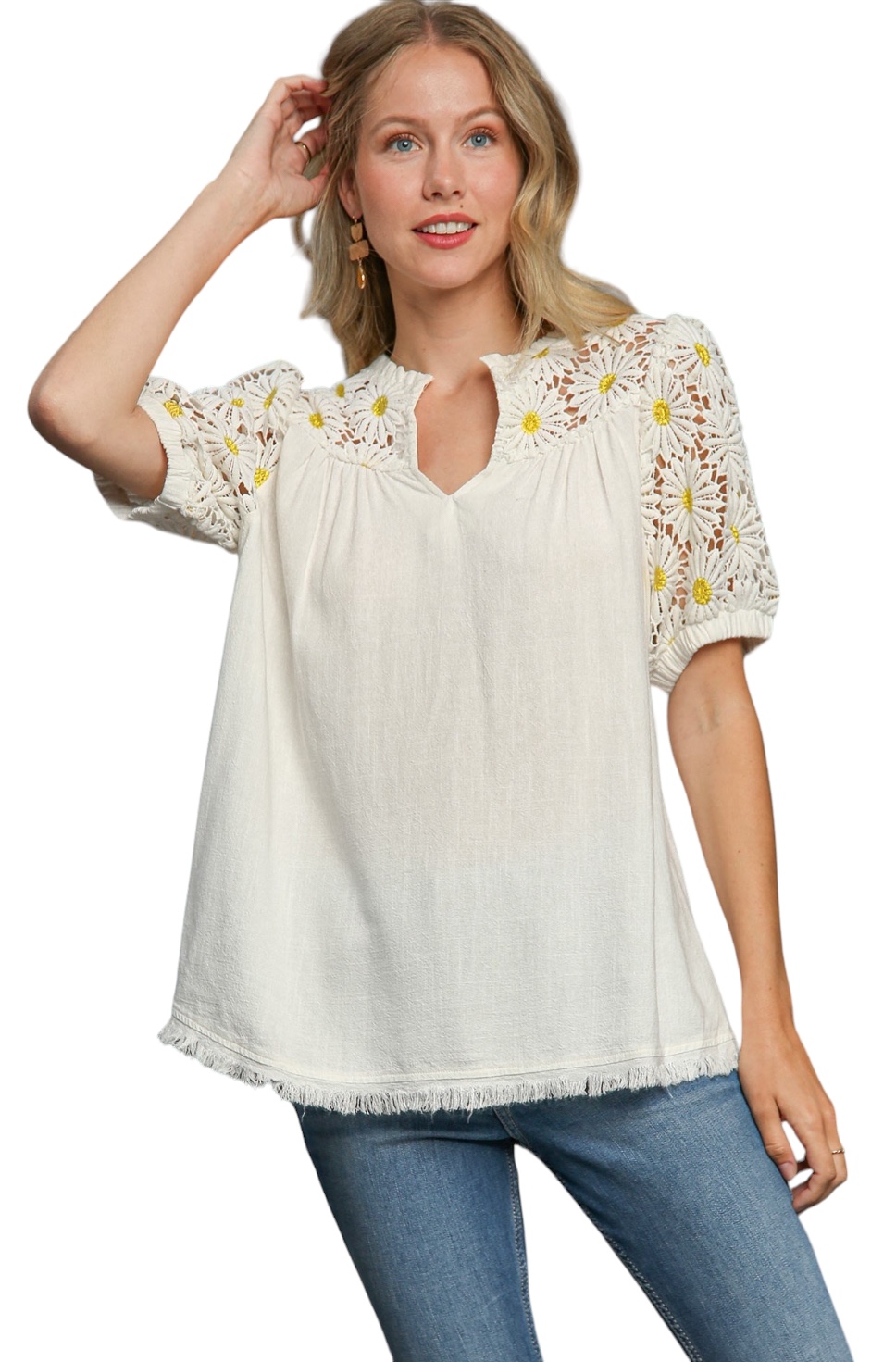UMGEE LINEN BLEND DAISY SLEEVE TOP - 6th Street Fashions and Footwear