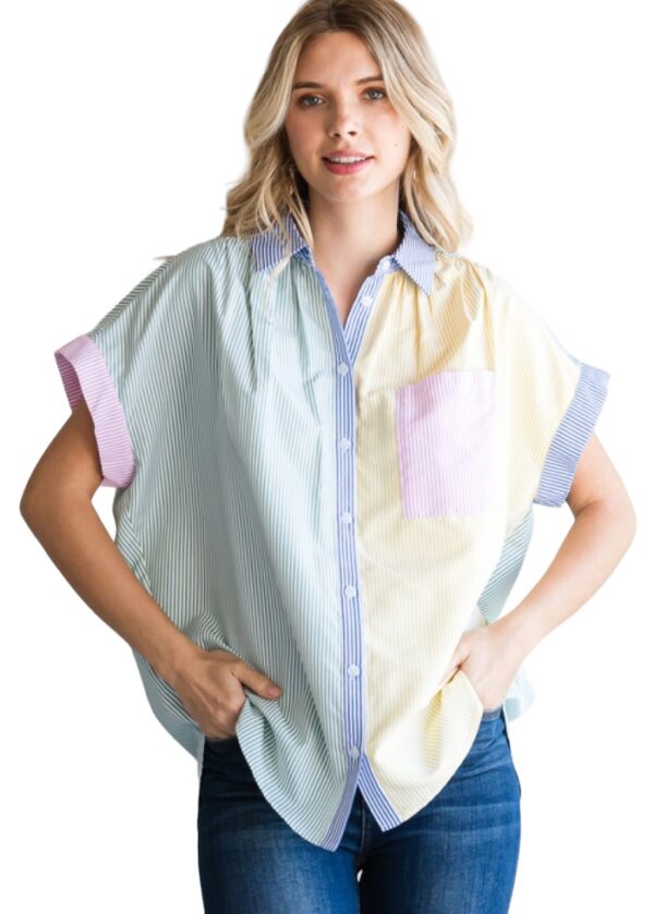 JODIFL SHORT SLEEVE MIX STRIPE BUTTON FRONT TOP - Image 2
