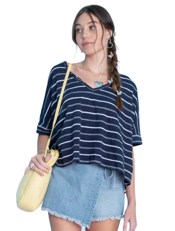 BLUPEPPER STRIPED V-NECK DROP SHOULDER TOP - Image 2