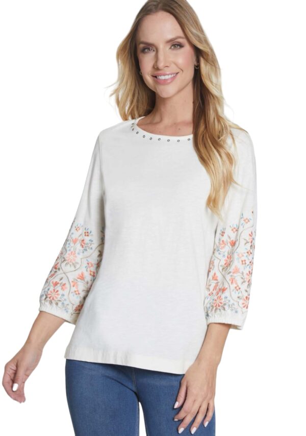 MULTIPLES IVORY 3/4 EMBROIDERED SLEEVE SLUB KNIT TOP - Image 2