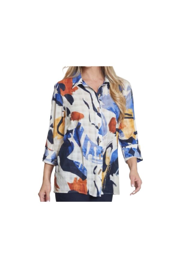 MULTIPLES 3/4 CUFF SLEEVE HI-LO PRINT SHIRT