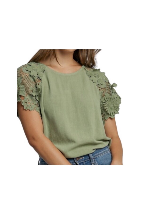UMGEE LINEN BLEND RAGLAN FLORAL SLEEVE TOP
