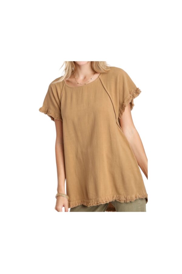 UMGEE LINEN BLEND SHORT SLEEVE PIN TUCK HI LO TOP