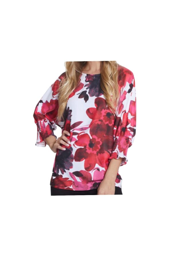 MULTIPLES SMOCKED SLEEVE FLORAL DOLMAN SLEEVE TOP
