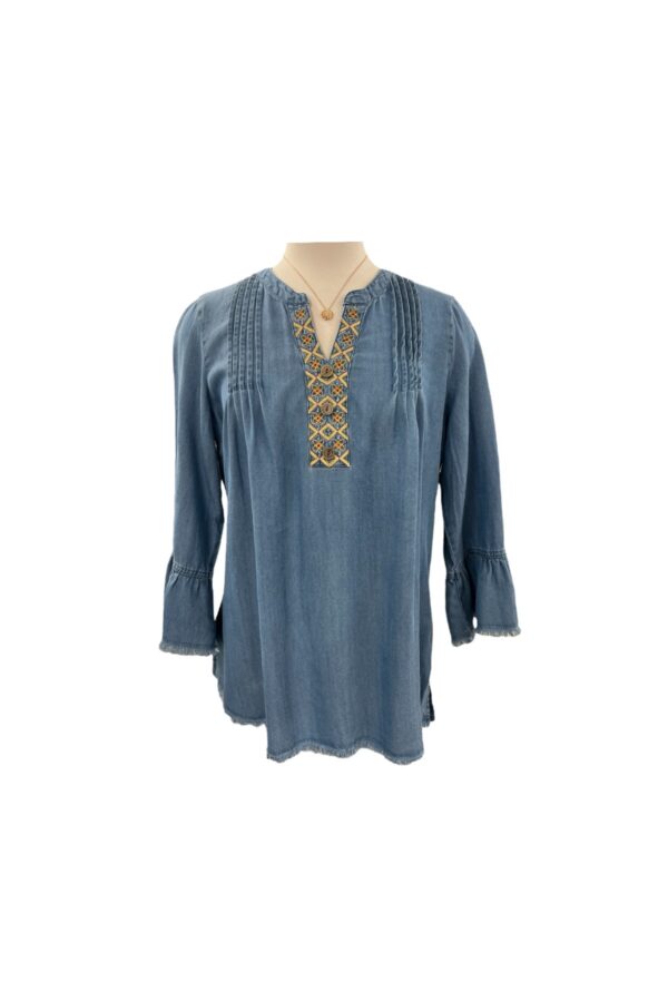 MULTIPLES 3/4 SLEEVE EMBROIDERED NECK PIN TUCK TOP