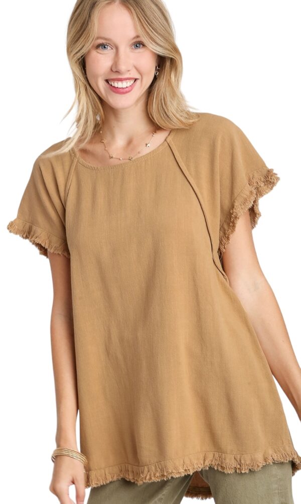 UMGEE LINEN BLEND SHORT SLEEVE PIN TUCK HI LO TOP - Image 2