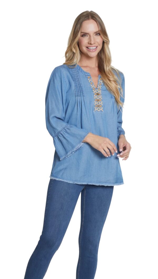 MULTIPLES 3/4 SLEEVE EMBROIDERED NECK PIN TUCK TOP - Image 4