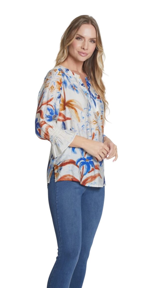 MULTIPLES SHIRRED 3/4 SLEEVE Y-NECK TOP - Image 3