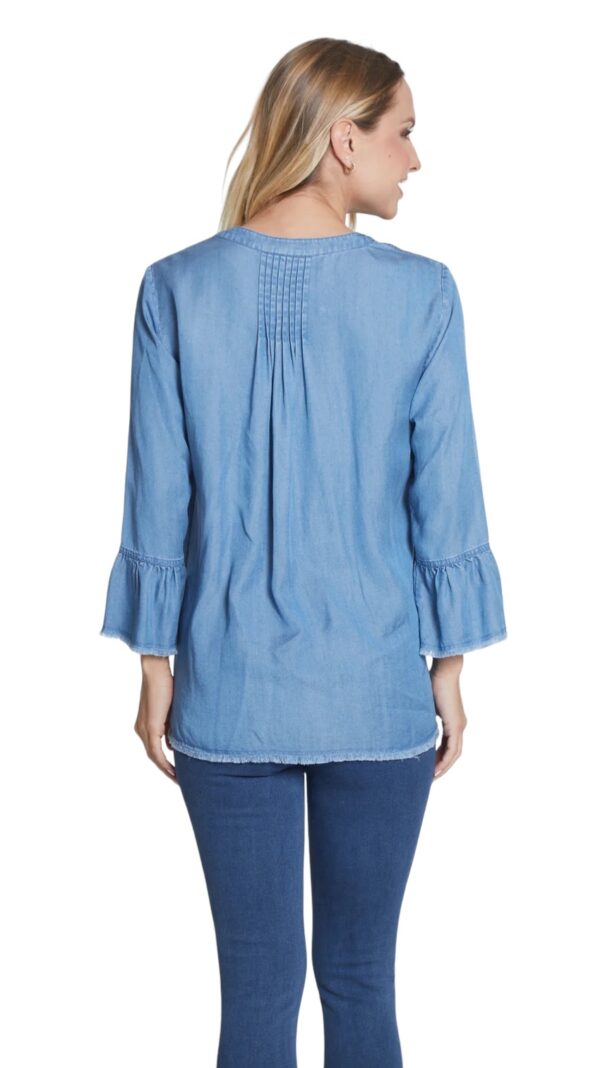 MULTIPLES 3/4 SLEEVE EMBROIDERED NECK PIN TUCK TOP - Image 3