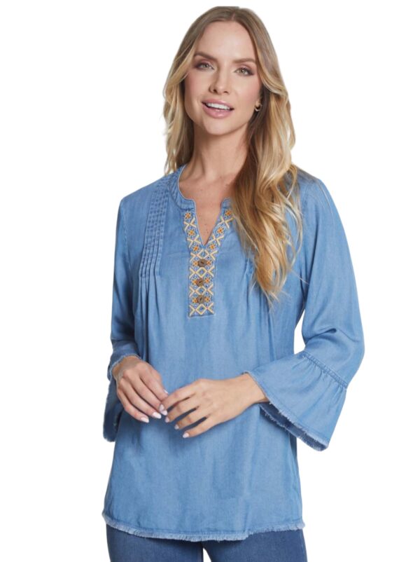 MULTIPLES 3/4 SLEEVE EMBROIDERED NECK PIN TUCK TOP - Image 2