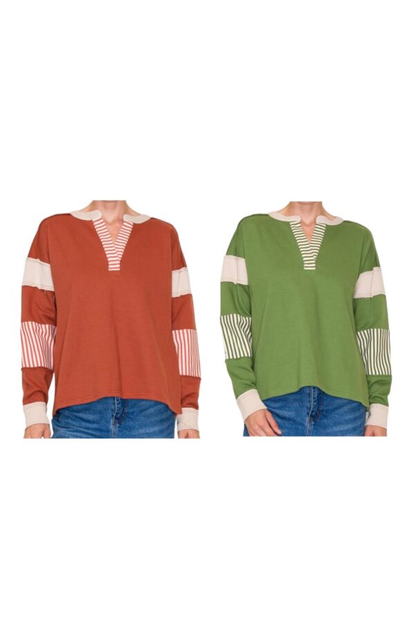 STACCATO NOTCH NECK STRIPE/COLOR BLOCK TOP