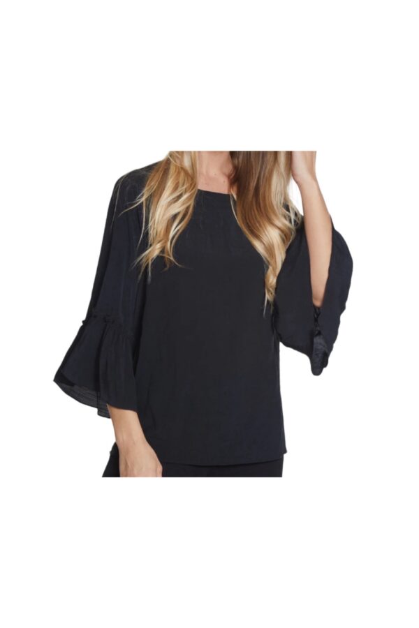 MULTIPLES BLACK FLOUNCE SLEEVE BUTTON BACK TOP