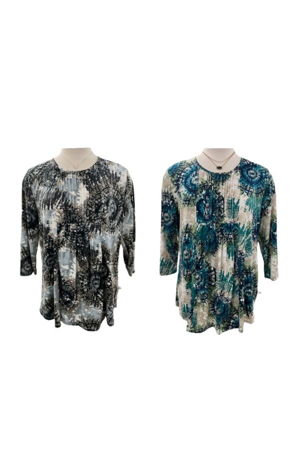 SOUTHERN LADY 3/4 SLEEVE TIE-DYE PLEAT FRONT TOP