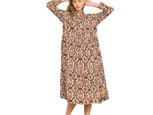 ENTRO LONG SLEEVE DAMASK BUTTON FRONT DRESS