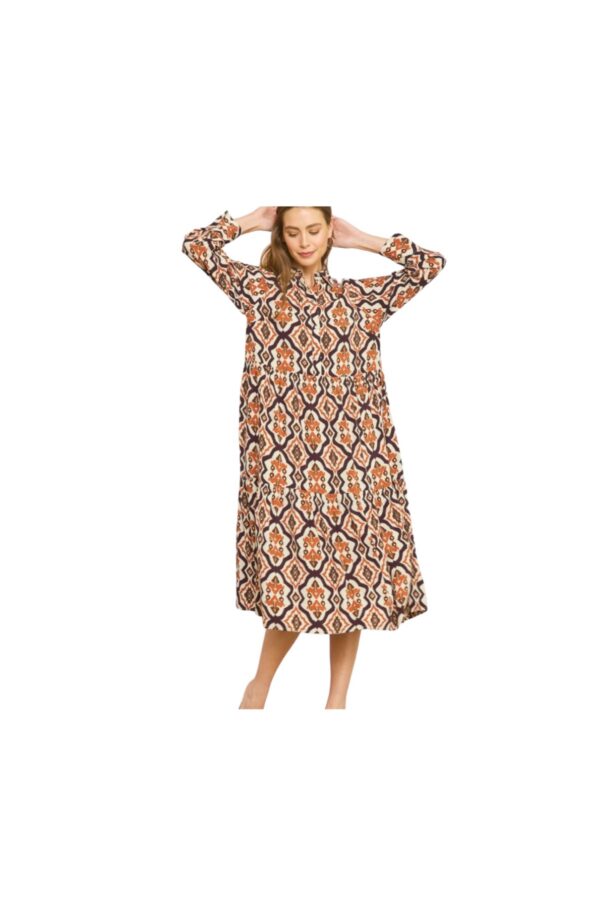 ENTRO LONG SLEEVE DAMASK BUTTON FRONT DRESS