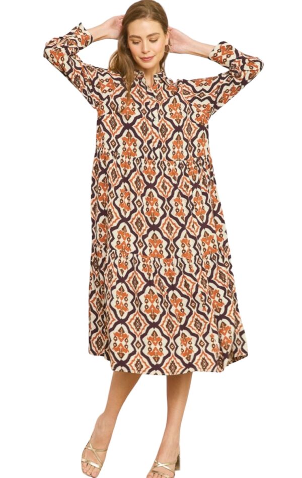 ENTRO LONG SLEEVE DAMASK BUTTON FRONT DRESS - Image 2