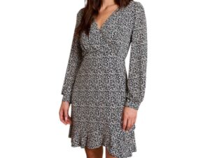 GILLI LONG SLEEVE WRAP FRONT RUFFLE HEM DRESS