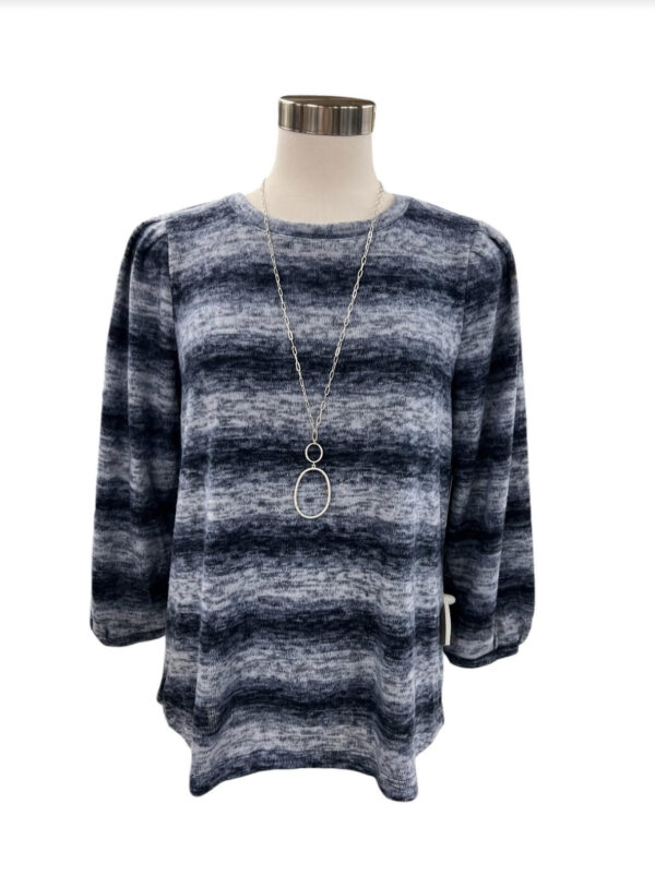 MULTIPLES NAVY 3/4 PUFF SLEEVE STRIPE KNIT TOP - Image 4