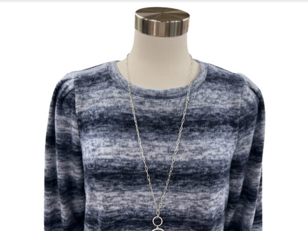 MULTIPLES NAVY 3/4 PUFF SLEEVE STRIPE KNIT TOP - Image 2