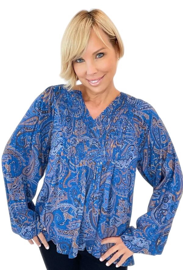ETHYL SMOCKED NOTCH NECK PRINT BLOUSE - Image 2
