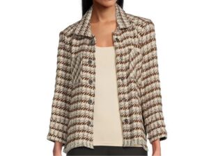 MULTIPLES PLAID FRINGE TRIM BUTTON JACKET