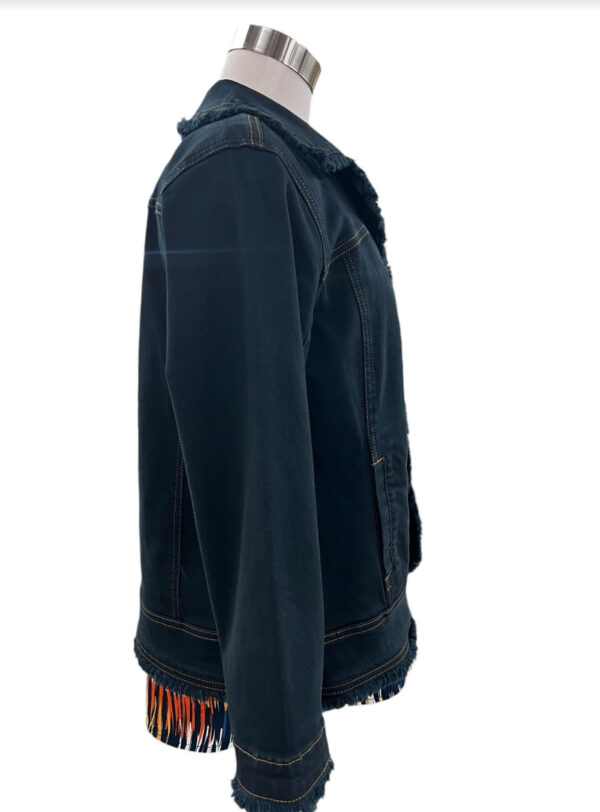MULTIPLES ZIP CUFF 3/4 OPEN FRINGED JEAN JACKET - Image 3