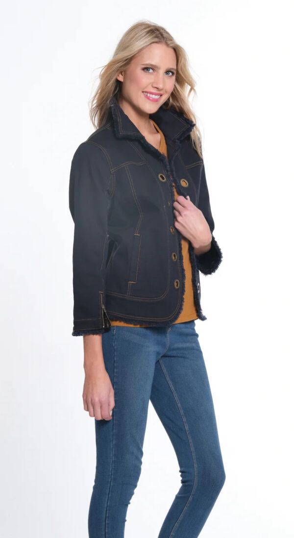 MULTIPLES ZIP CUFF 3/4 OPEN FRINGED JEAN JACKET - Image 7