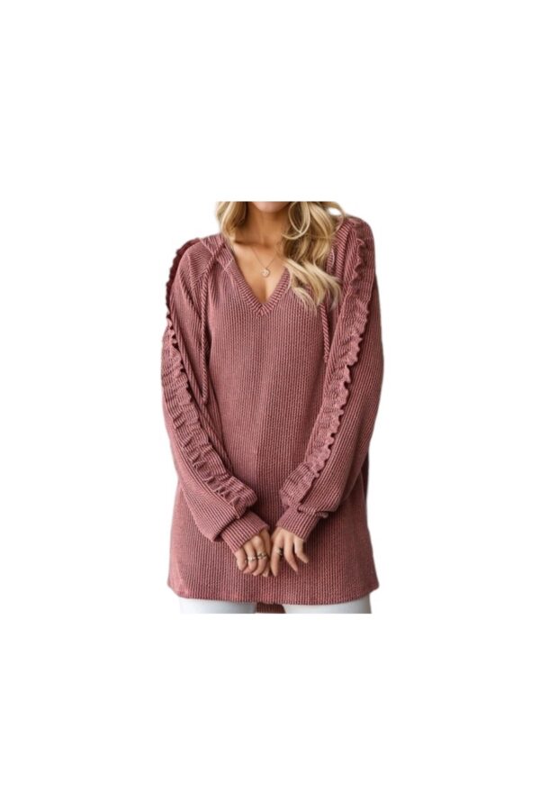 HEIMISH RIBBED KNIT RUFFLE TRIM HOODIE