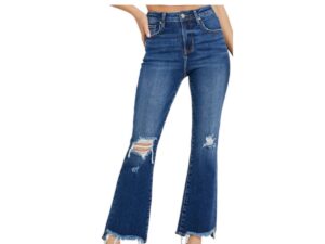 RISEN JEANS HIGH RISE DESTRUCTED CROP FLARE